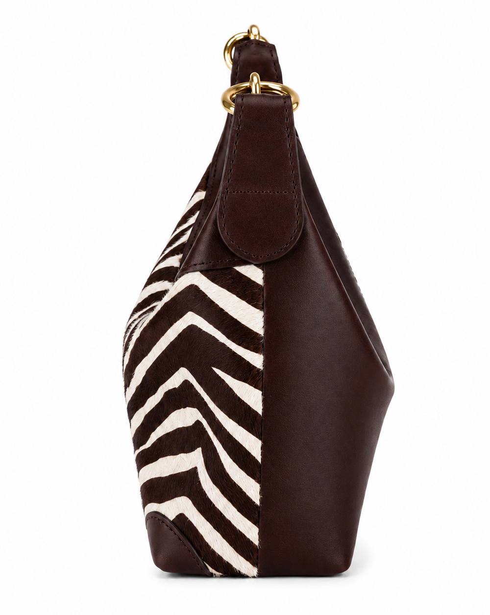 Brown handbag with zebra pattern on a white background